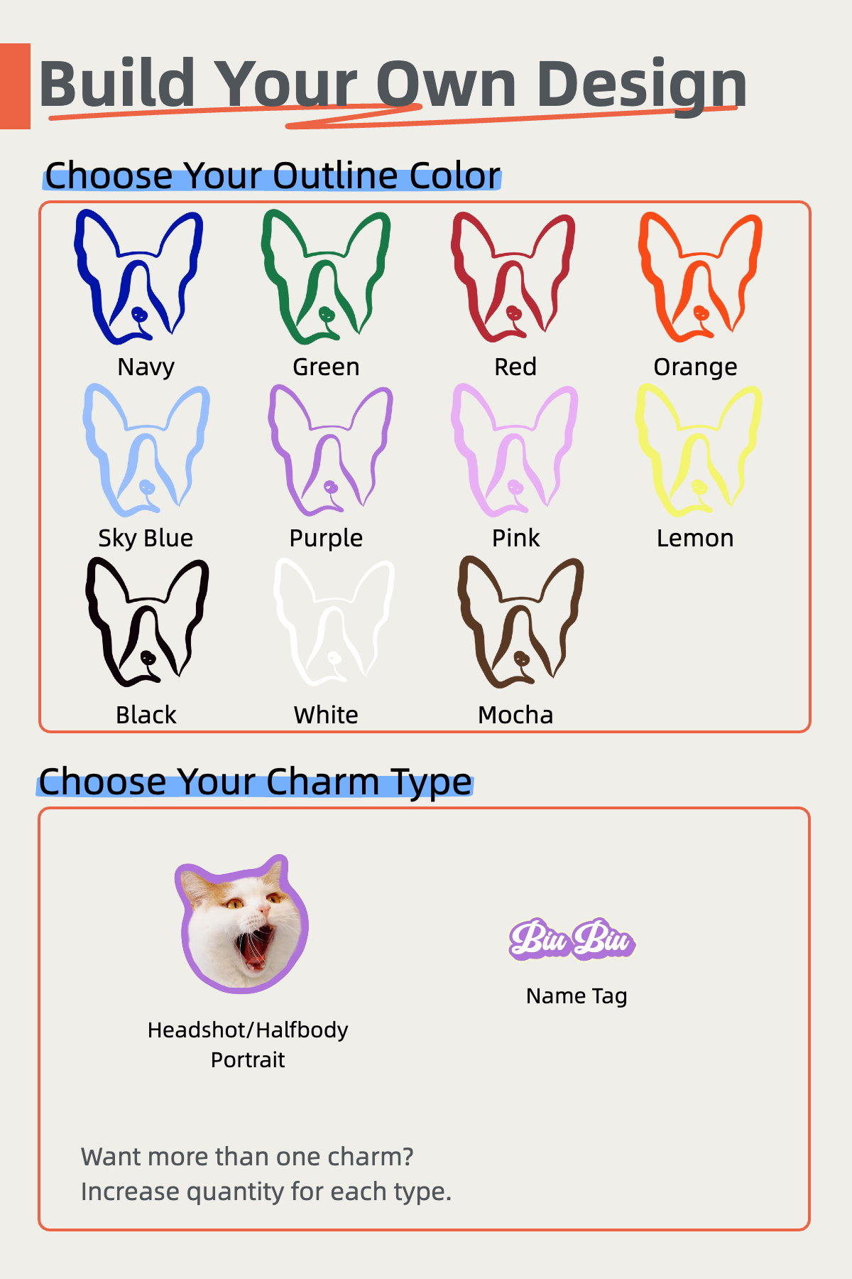 Design customization options for a dog-themed product with color choices and charm type selection.