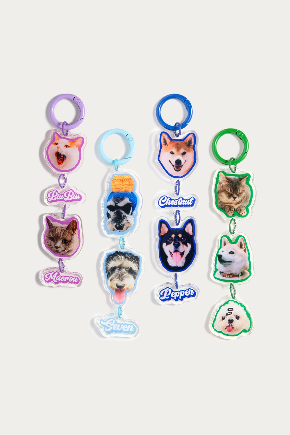 Set of keychains with dog faces on a white background