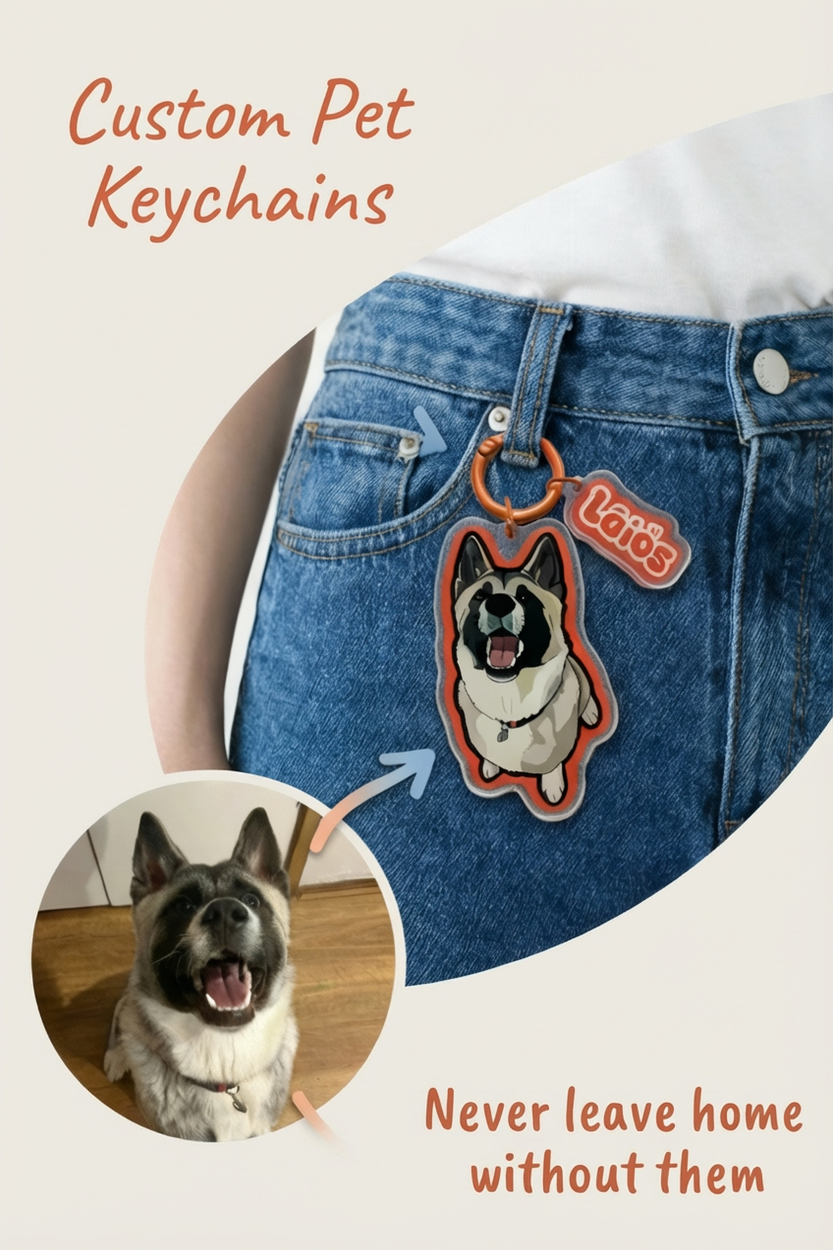 Person wearing a dog-themed keychain on their jeans with a close-up of the keychain and a dog photo.
