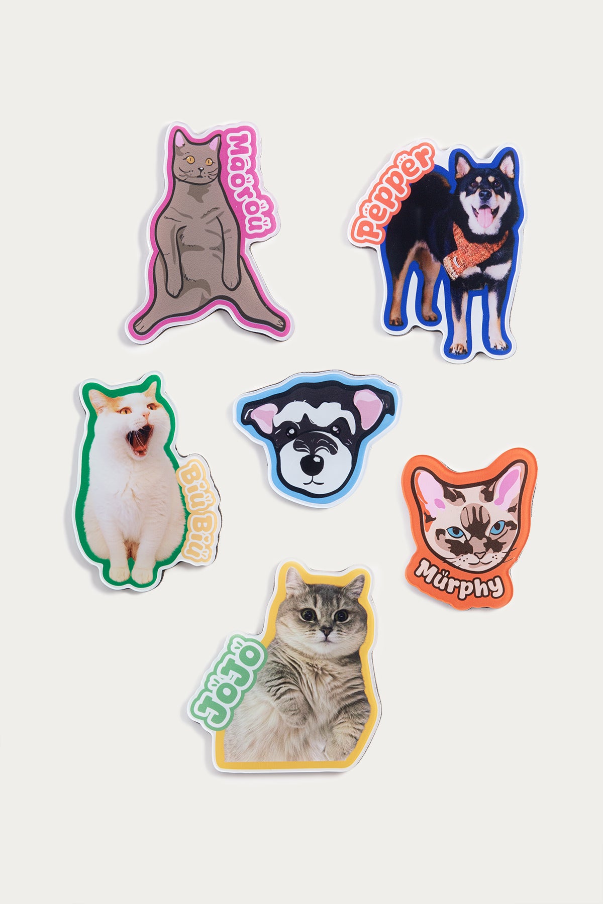 Set of six pet stickers with different breeds on a white background