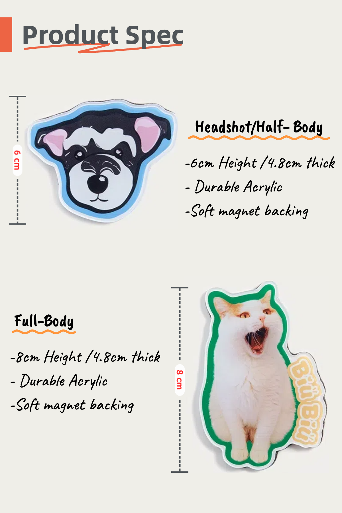 Product specifications for dog-themed magnets with dimensions and material details.