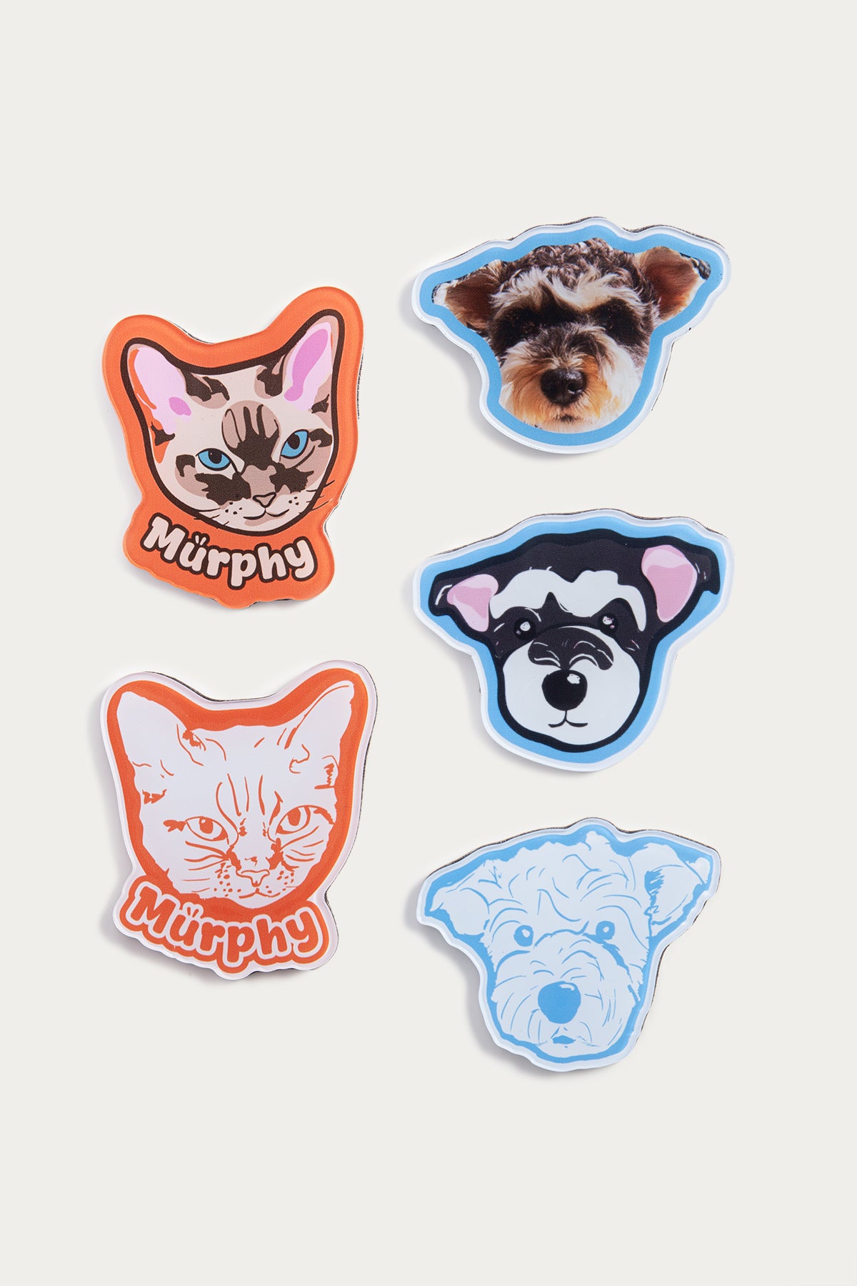 Five pet portrait stickers on a white background
