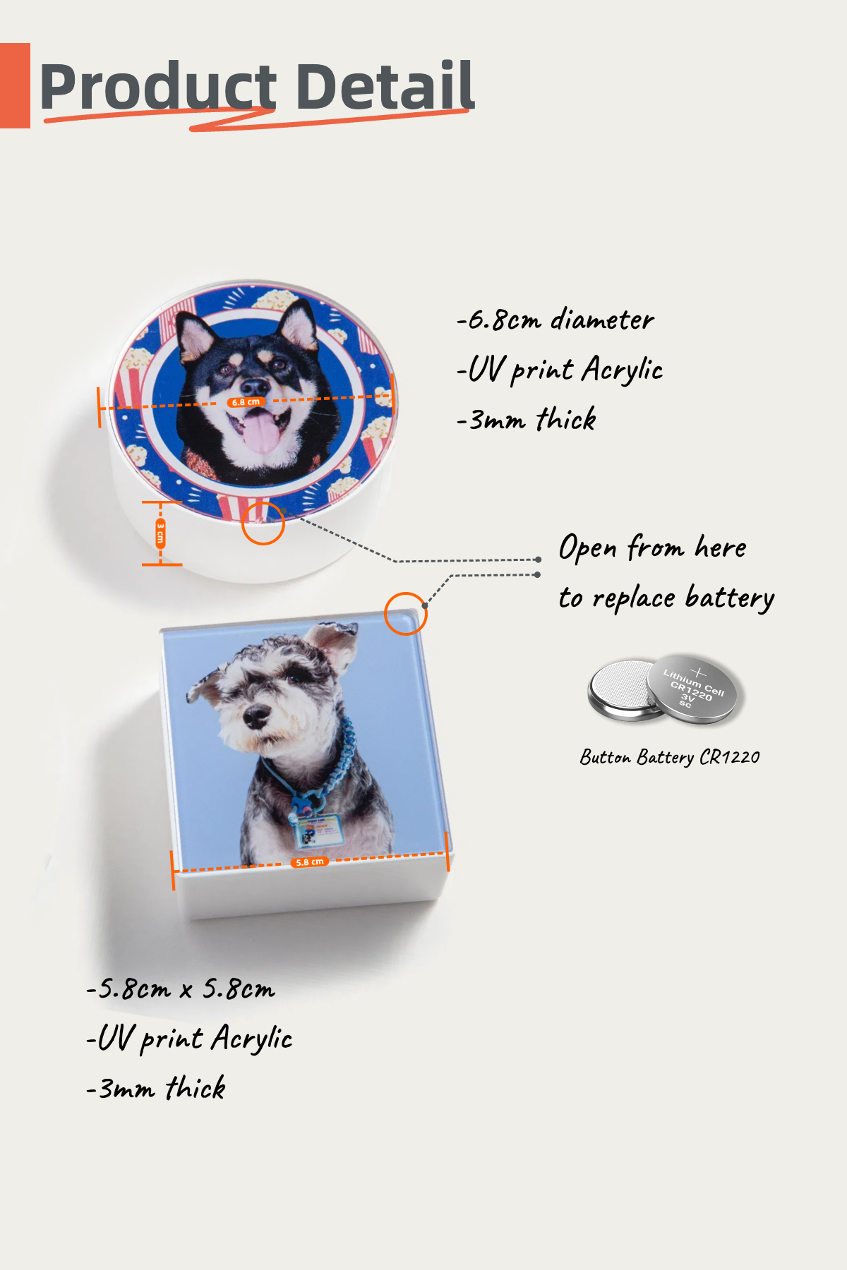 Product detail of a small round and square acrylic items with dog illustrations and measurements.