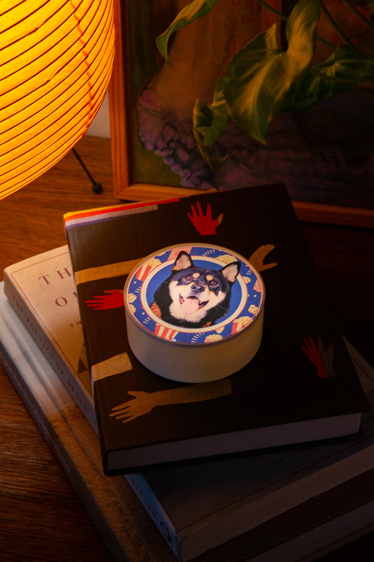 Notebook with a dog illustration on a stack of books under a warm lamp.
