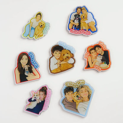 Set of seven stickers featuring people and dogs on a white background
