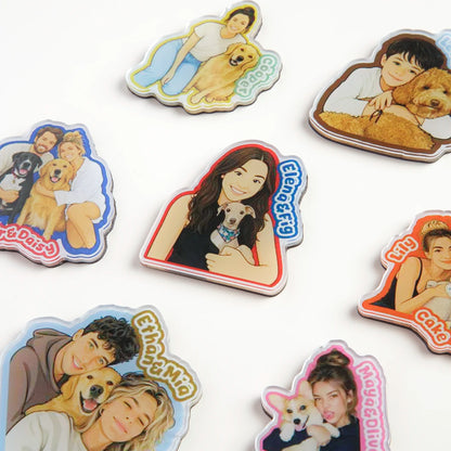 Collection of personalized photo magnets featuring people and pets on a white background