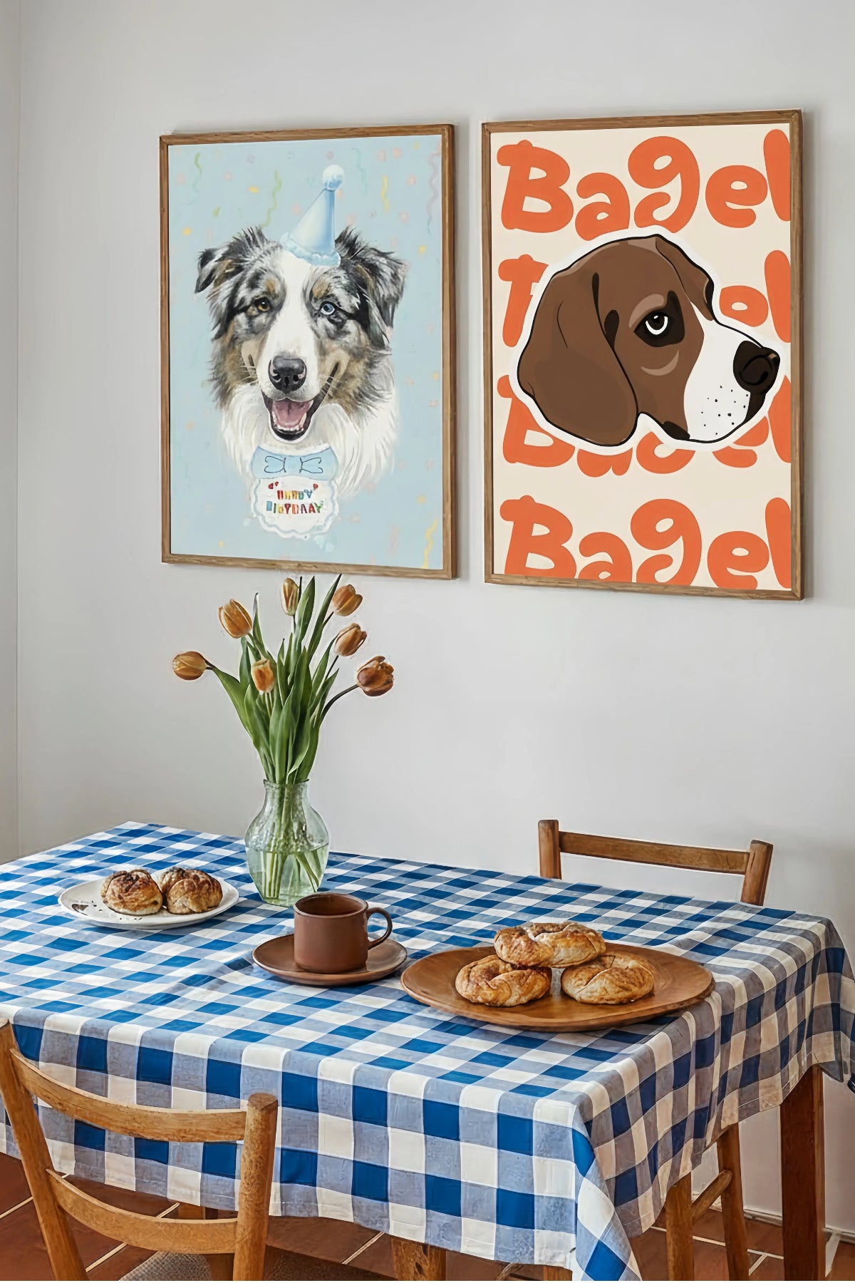 Dining room with checkered tablecloth, dog-themed wall art, and a small table setting.