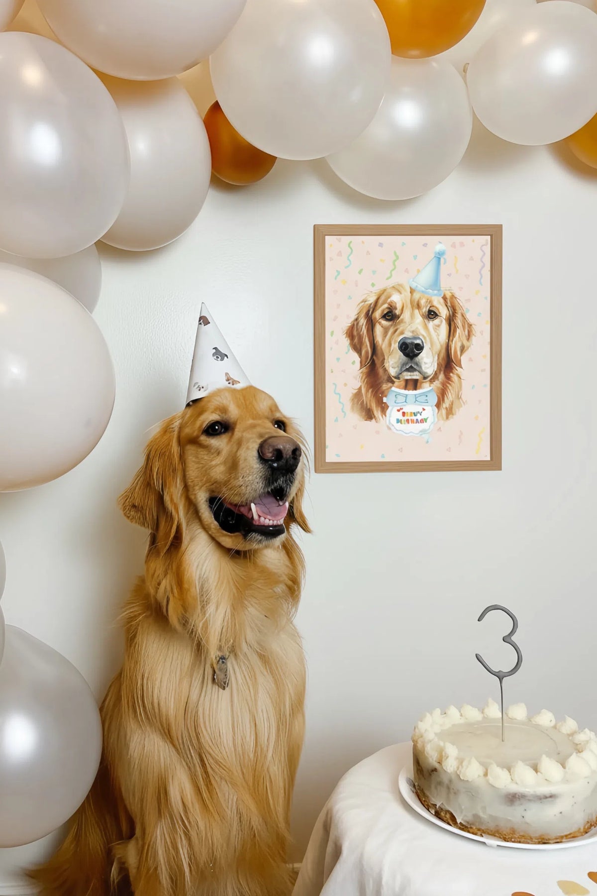 Dog wearing a party hat with a birthday cake and balloons in the background