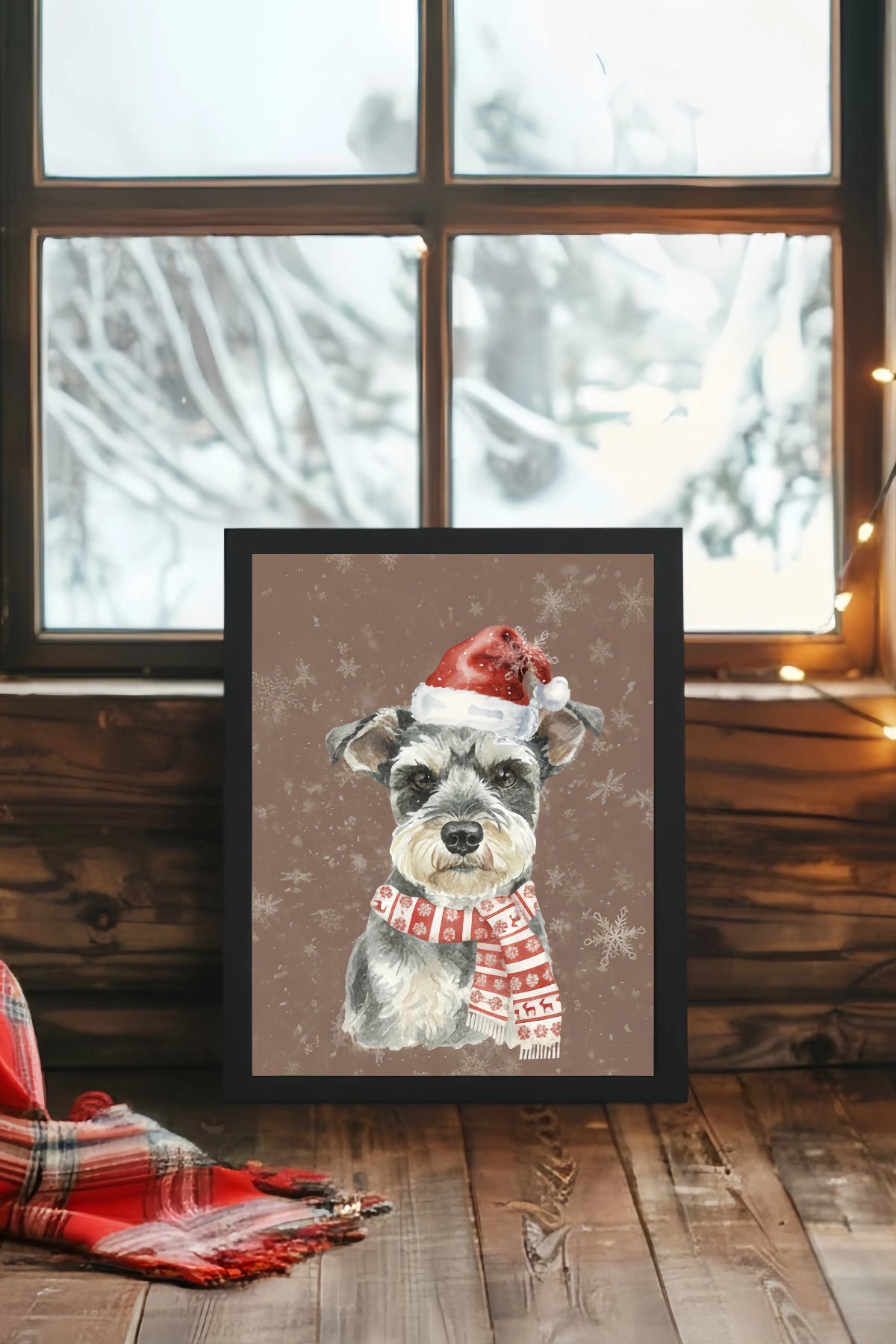 Framed artwork of a dog wearing a Santa hat and scarf in front of a window with snow outside.