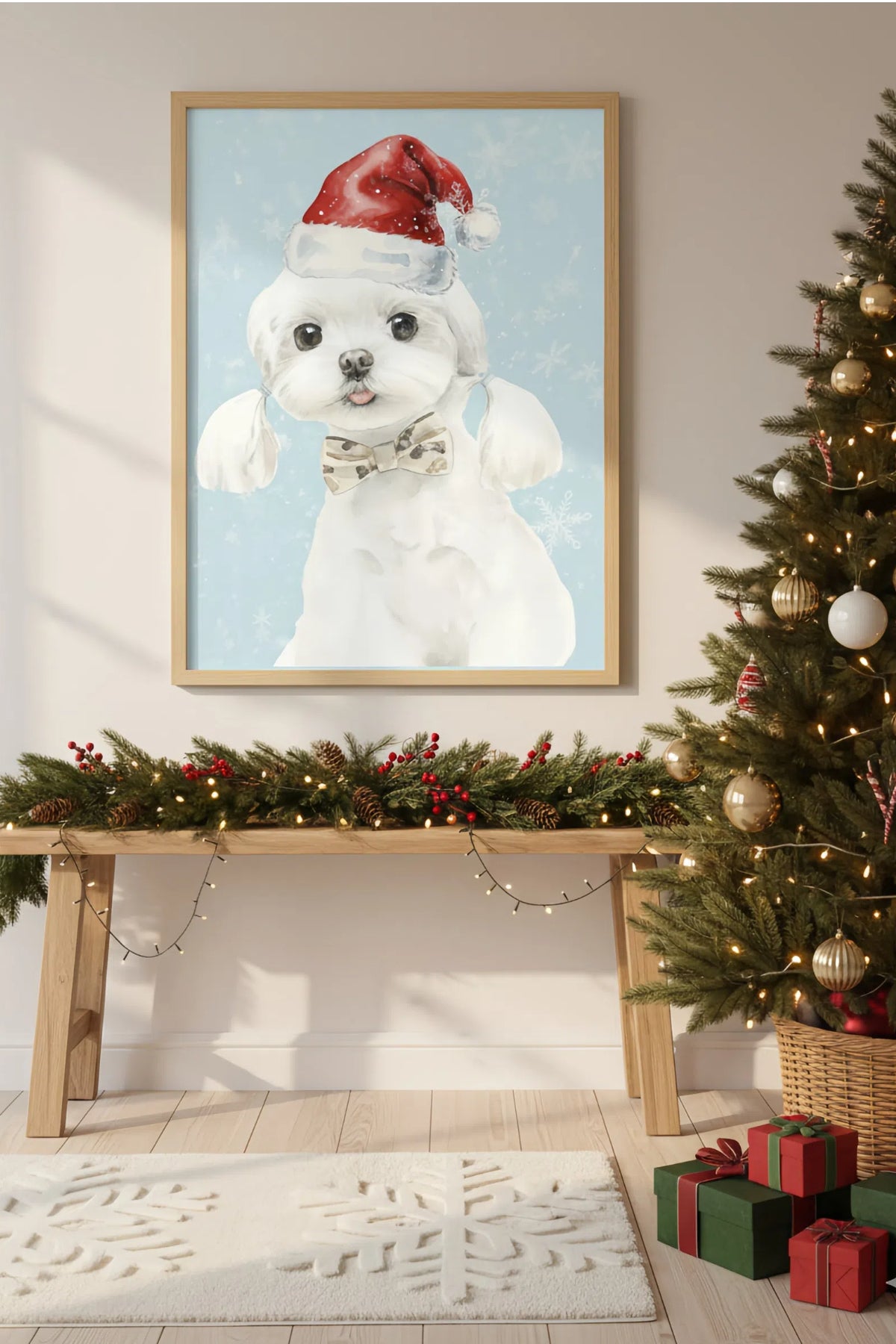 Framed picture of a dog wearing a Santa hat above a Christmas-themed table with a decorated tree and presents.
