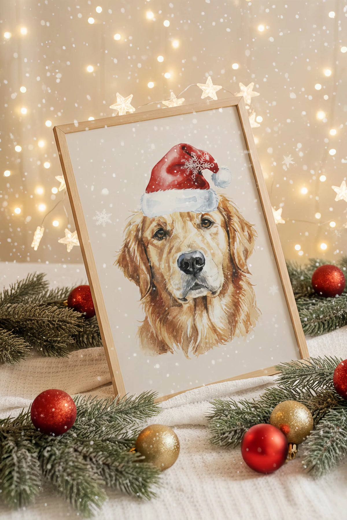 Framed artwork of a dog wearing a Santa hat with Christmas decorations and lights in the background.