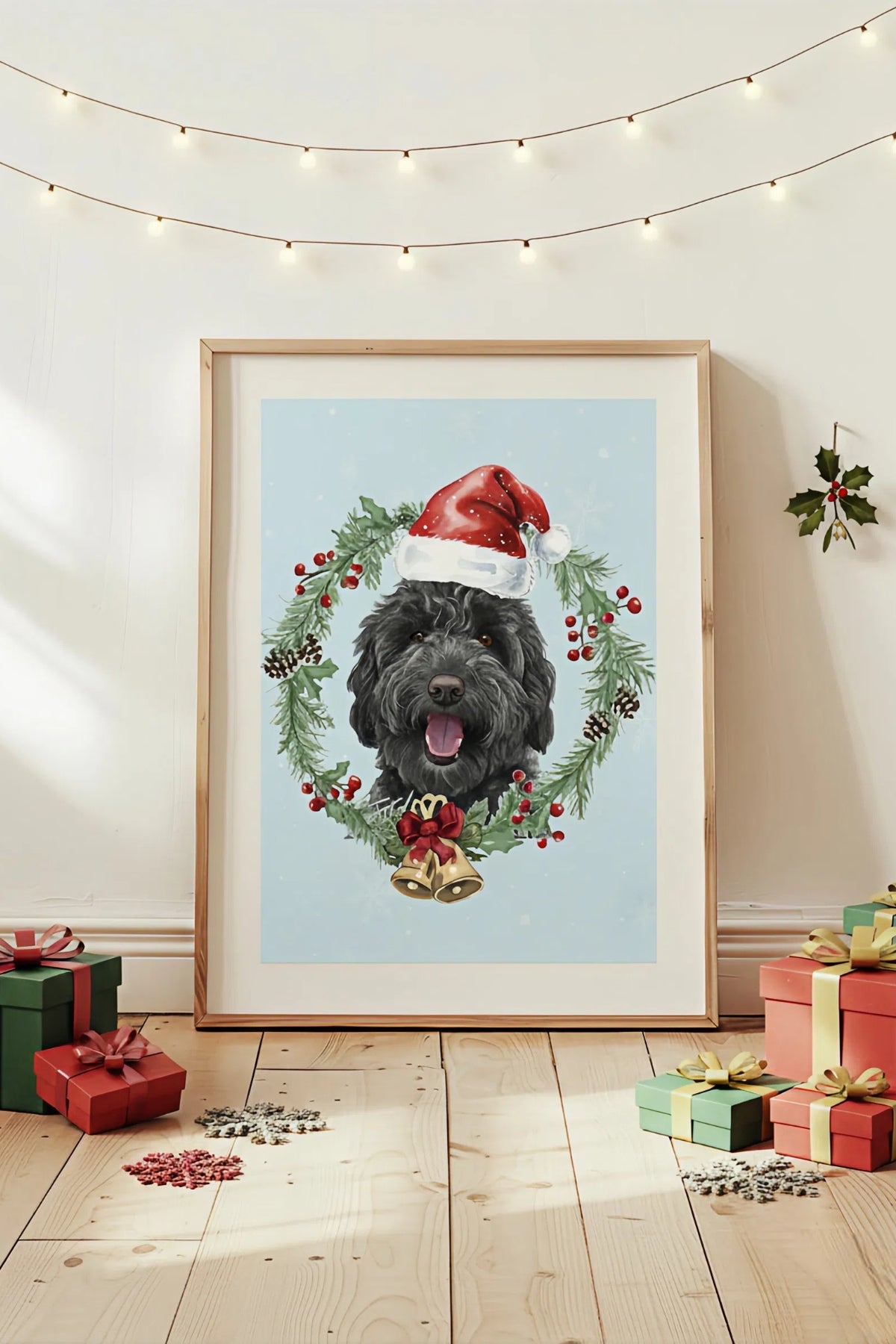 Framed Christmas-themed print of a dog with a wreath and Santa hat, surrounded by festive decor.
