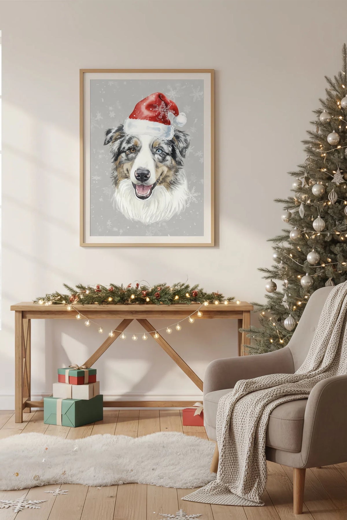 Framed artwork of a dog wearing a Santa hat in a cozy living room with a Christmas tree and decorations.