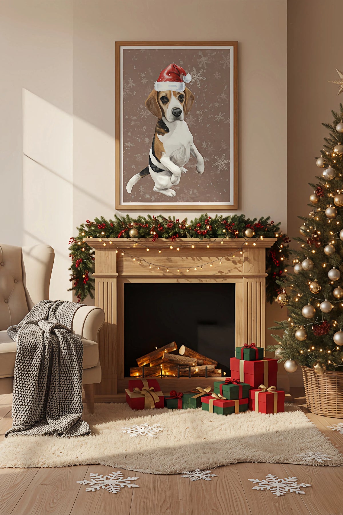 Living room with Christmas decorations, including a fireplace, tree, and framed picture of a dog in a Santa hat.