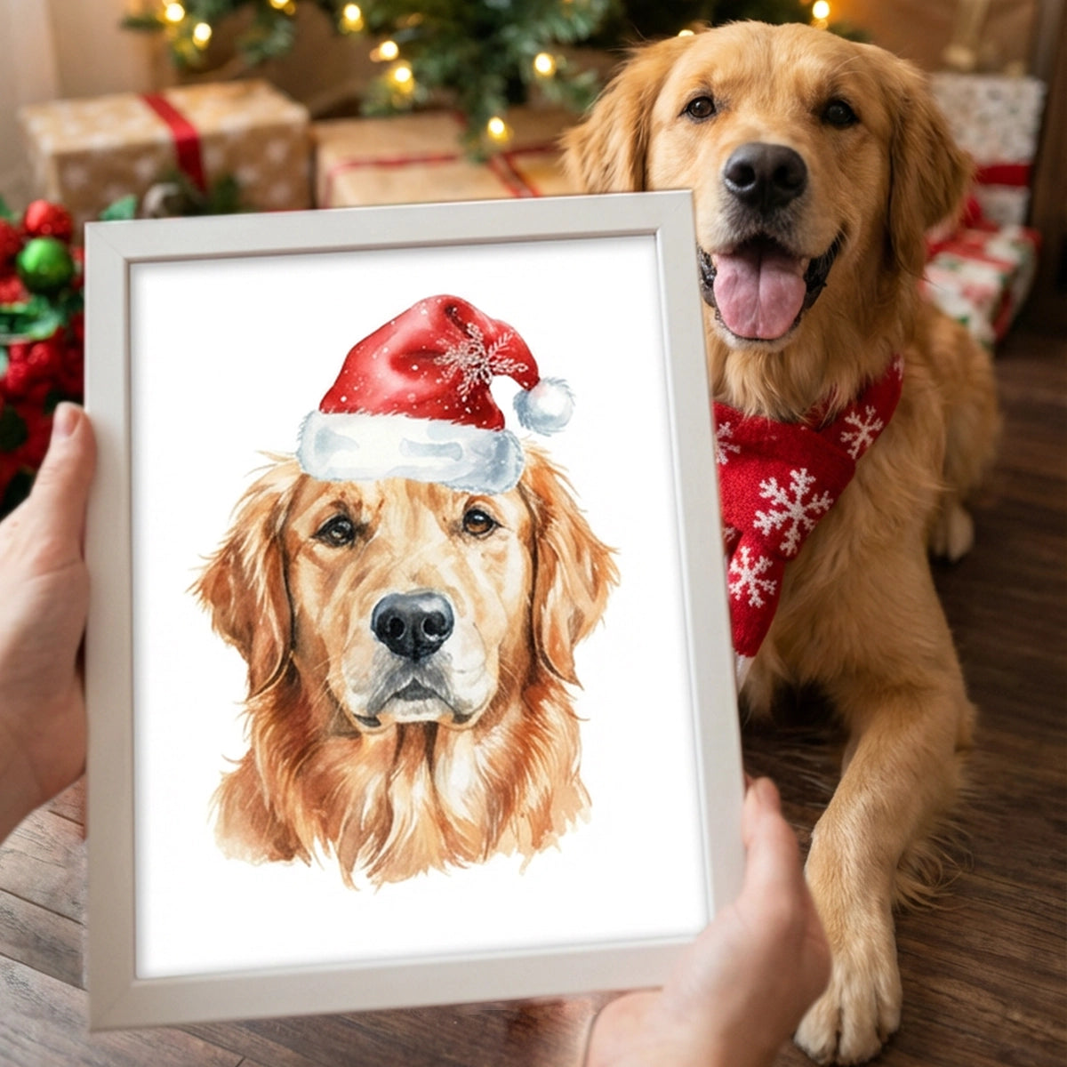 Dog wearing a Santa hat with a framed picture of a dog in a Christmas setting.