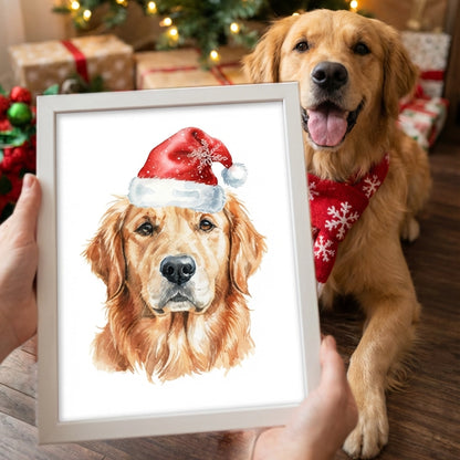 Dog wearing a Santa hat with a framed picture of a dog in a Christmas setting.