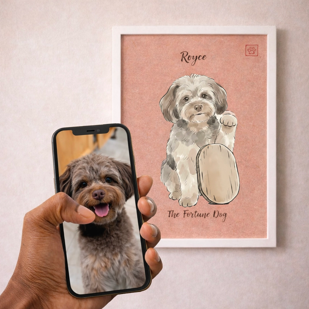 Custom Japandi Fortune Pet Portrait–Sumi Ink Style Wall Art