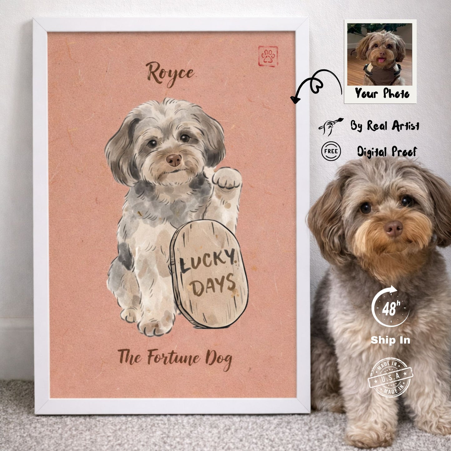 Custom Japandi Fortune Pet Portrait–Sumi Ink Style Wall Art