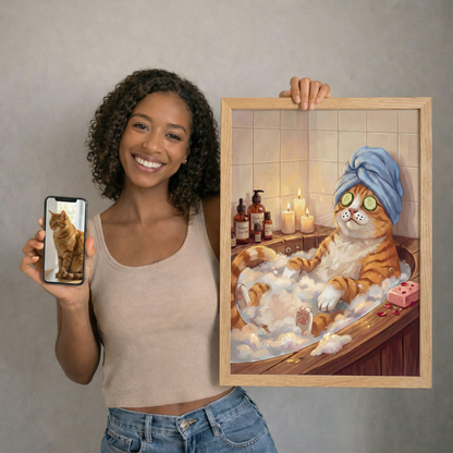 Woman holding a framed painting of a cat taking a bath and her phone with a cat photo.