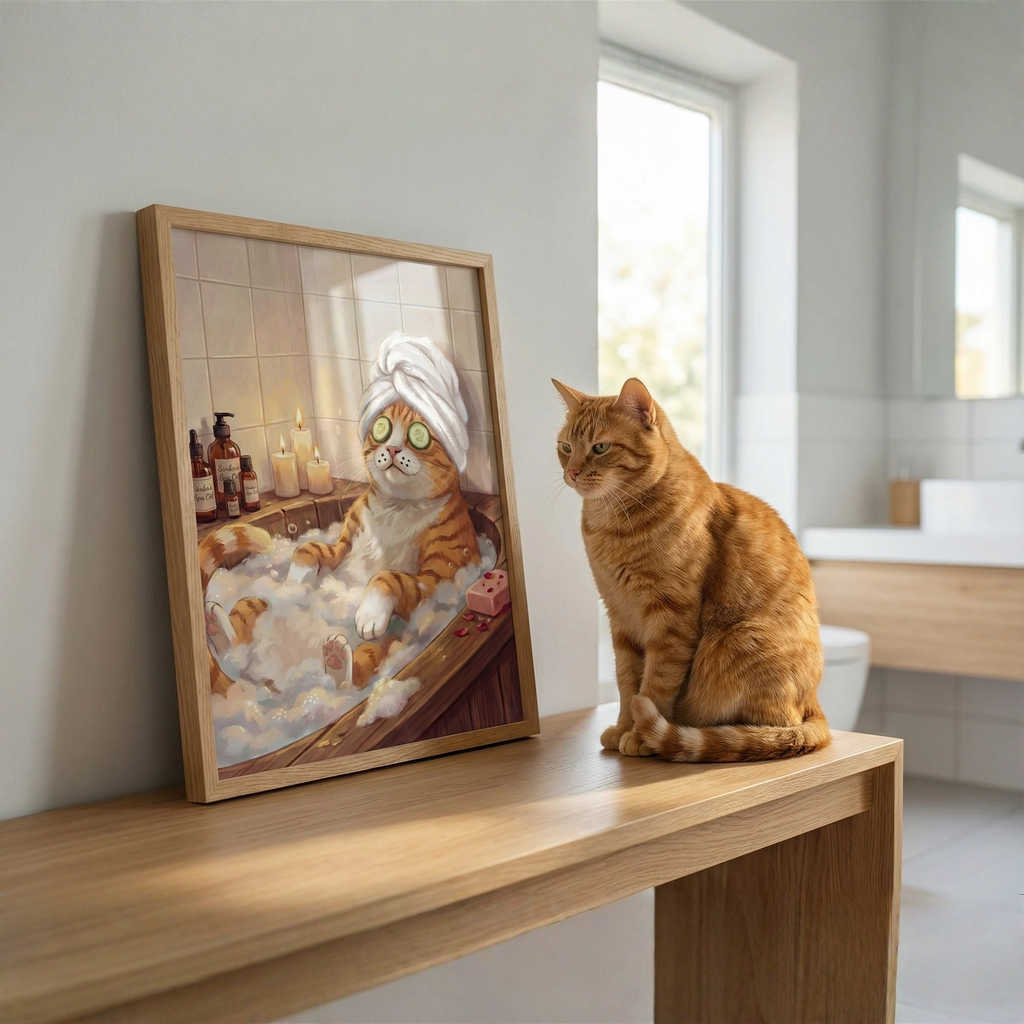 Cat sitting on a bathroom counter next to a framed picture of a cat in a bathrobe.