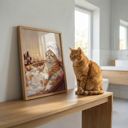 Cat sitting on a bathroom counter next to a framed picture of a cat in a bathrobe.