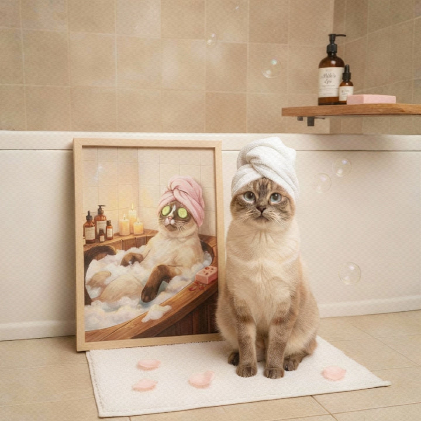 Cat with a towel on its head sitting on a mat in a bathroom, next to a framed picture of a cat in a bath.