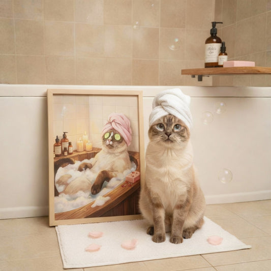 Cat with a towel on its head sitting on a mat in a bathroom, next to a framed picture of a cat in a bath.