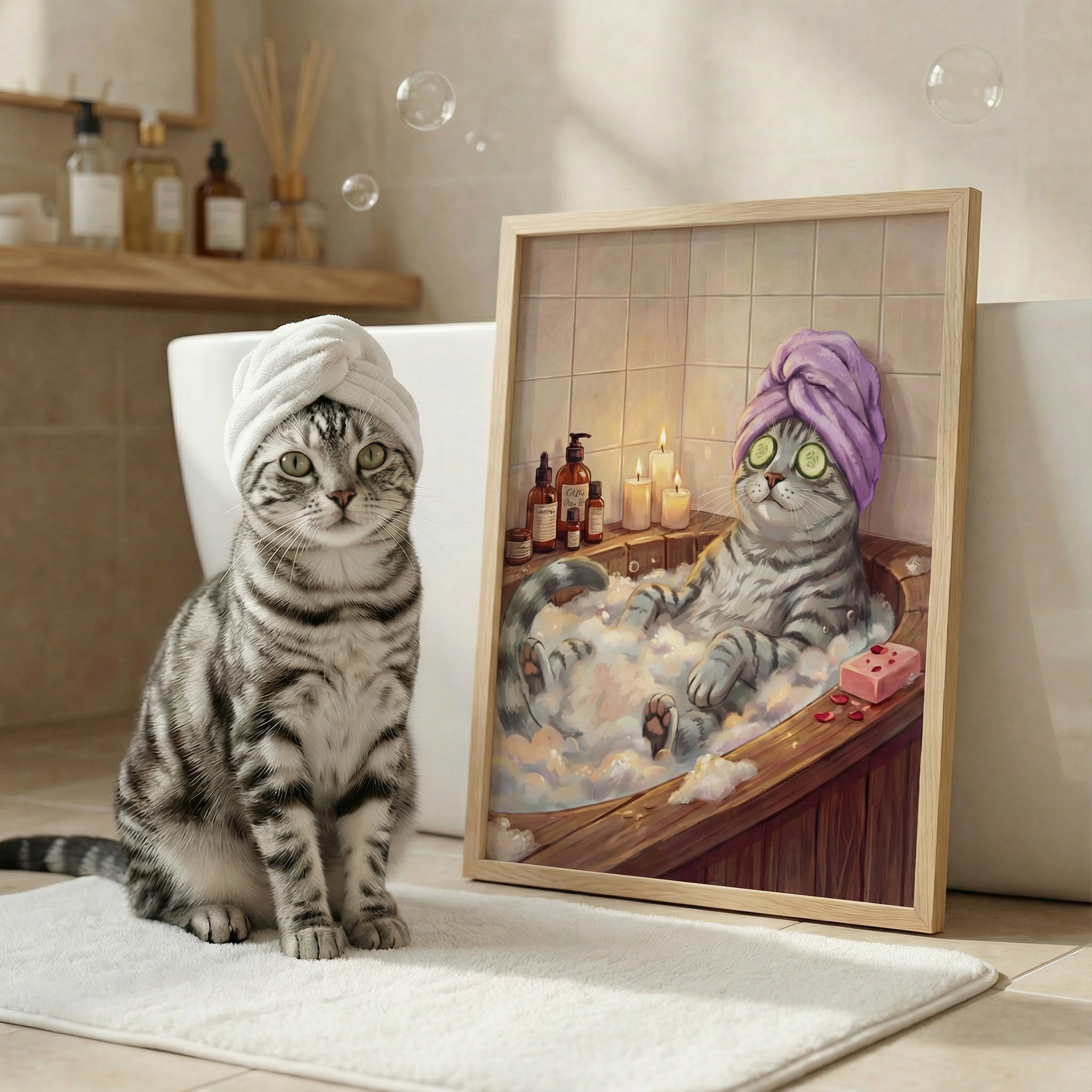 Cat wearing a towel with a framed picture of a cat in a bathtub.