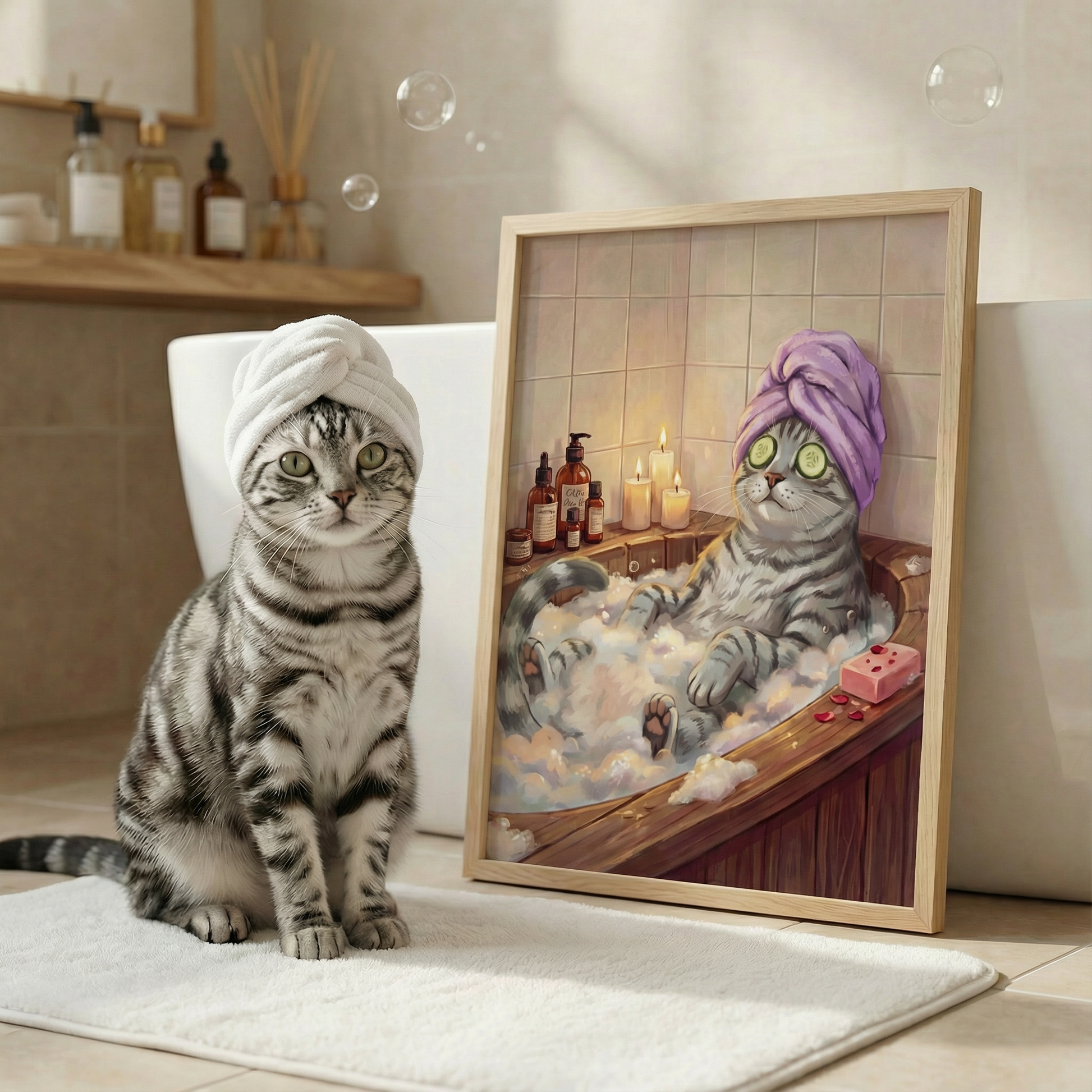 Cat wearing a towel with a framed picture of a cat in a bathtub.