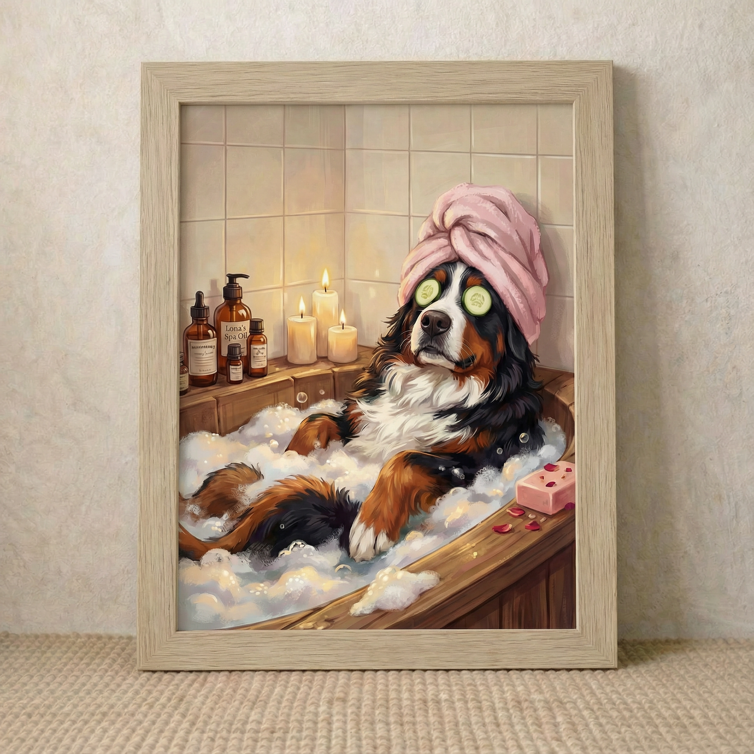 Framed artwork of a dog in a bathtub with a towel on its head, surrounded by candles and bath products.