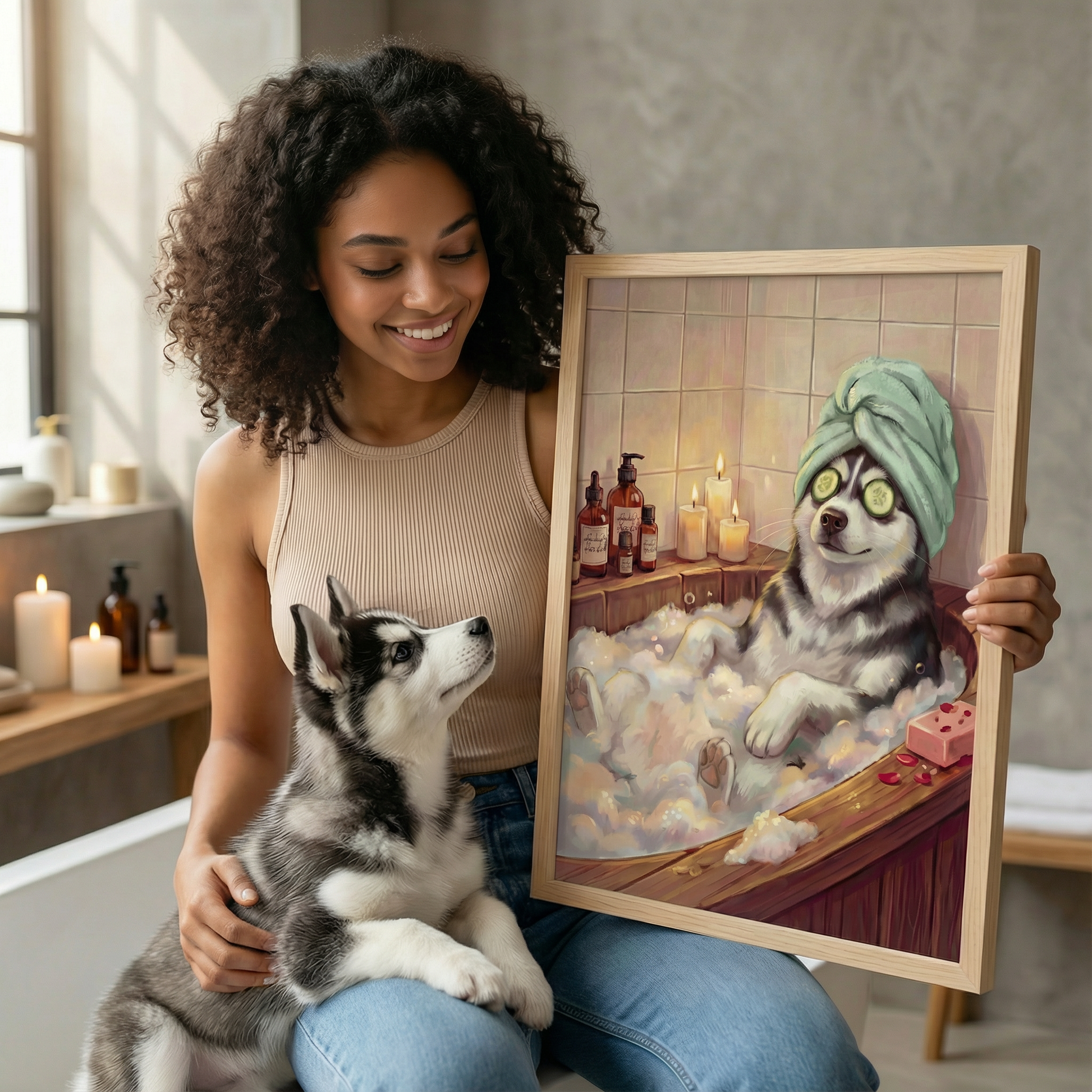Woman holding a framed picture of a dog in a bathtub with a husky puppy next to her.