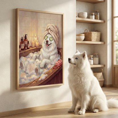 White dog sitting next to a framed picture of a dog in a bath with a towel on its head.