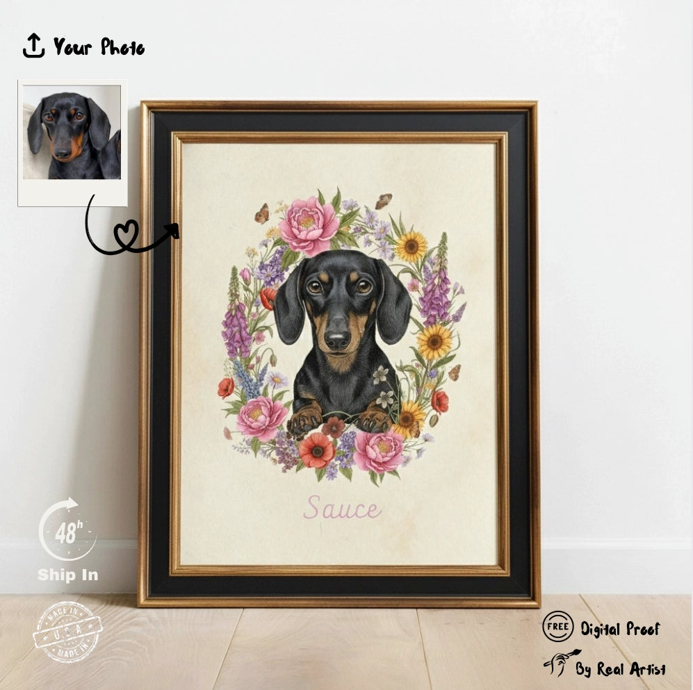 Custom Botanical Pet Portrait in Vintage Illustration Style