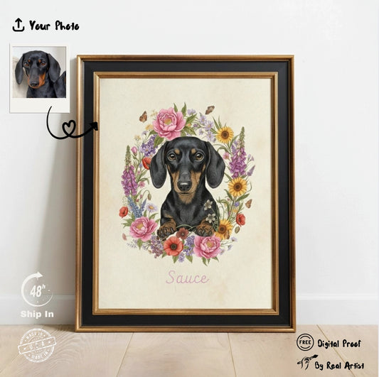 Custom Botanical Pet Portrait in Vintage Illustration Style
