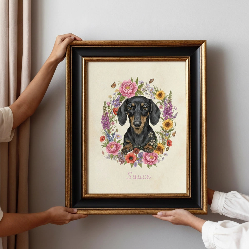 Custom Botanical Pet Portrait in Vintage Illustration Style