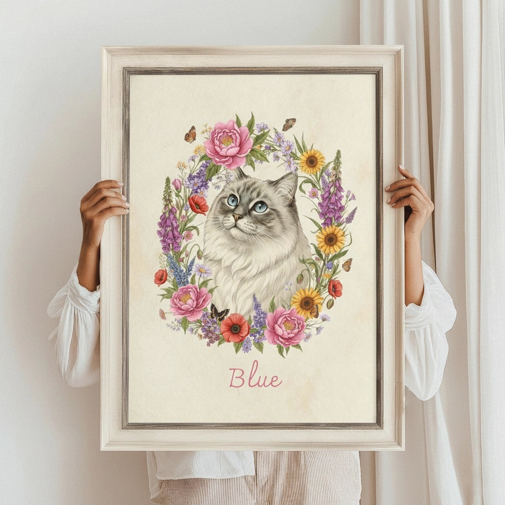 Custom Botanical Pet Portrait in Vintage Illustration Style