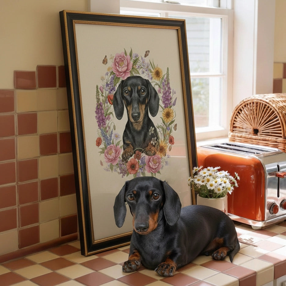 Custom Botanical Pet Portrait in Vintage Illustration Style