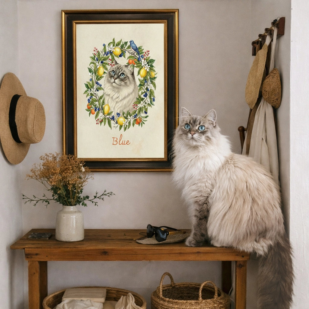 Custom Botanical Pet Portrait in Vintage Illustration Style