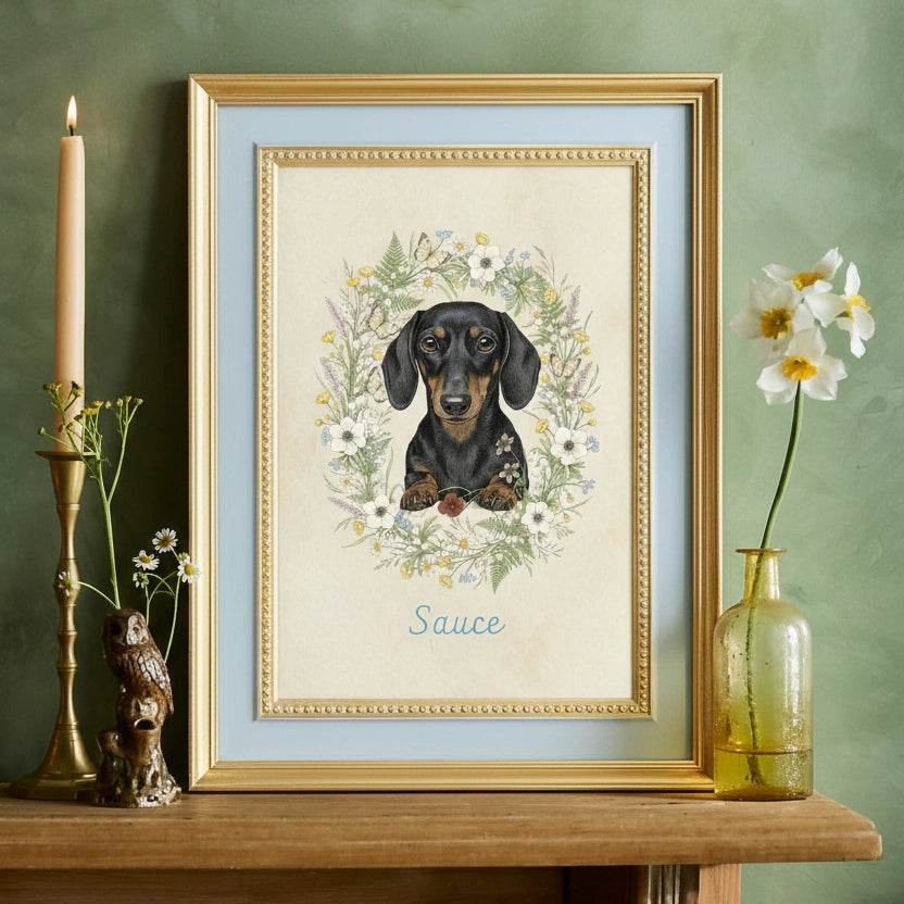 Custom Botanical Pet Portrait in Vintage Illustration Style
