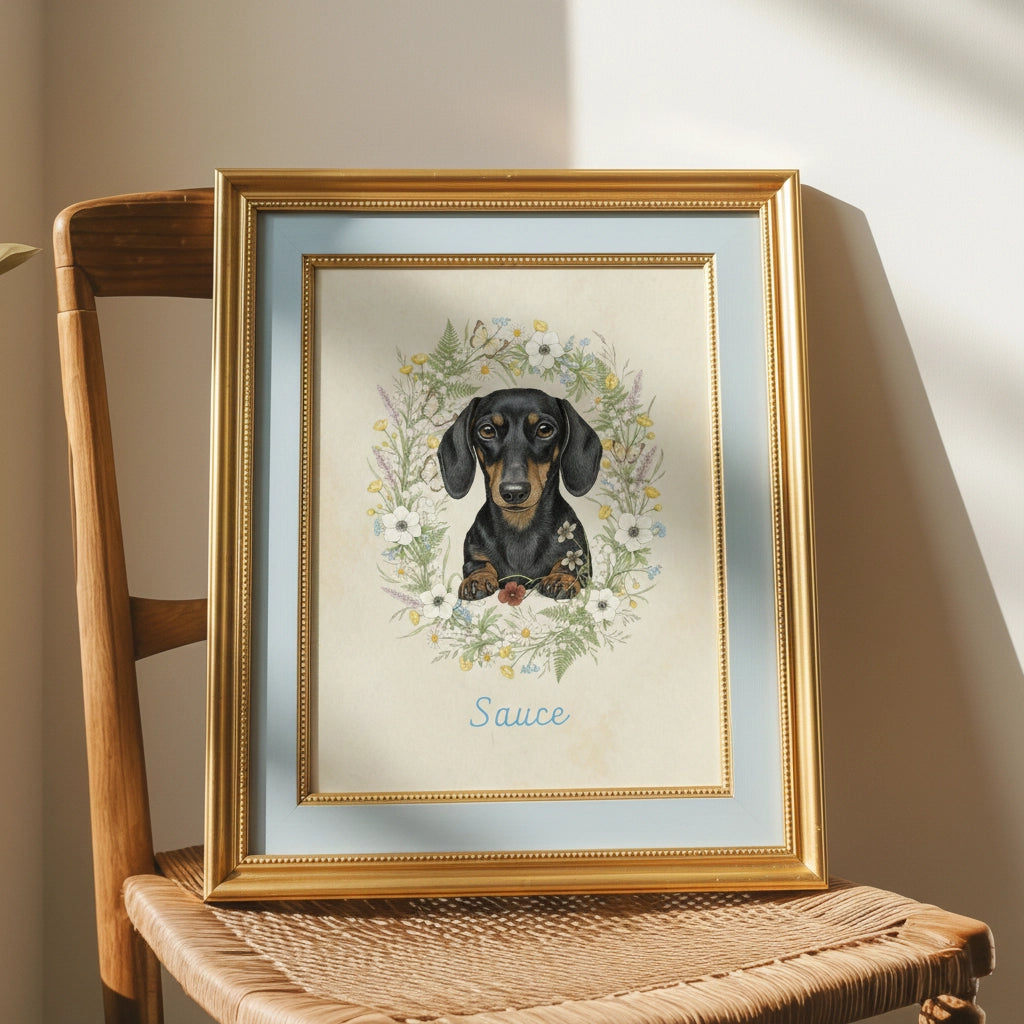 Custom Botanical Pet Portrait in Vintage Illustration Style