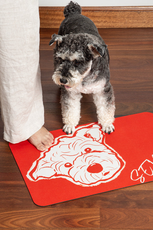 Dog standing on a red mat with a dog design, next to a person's foot.