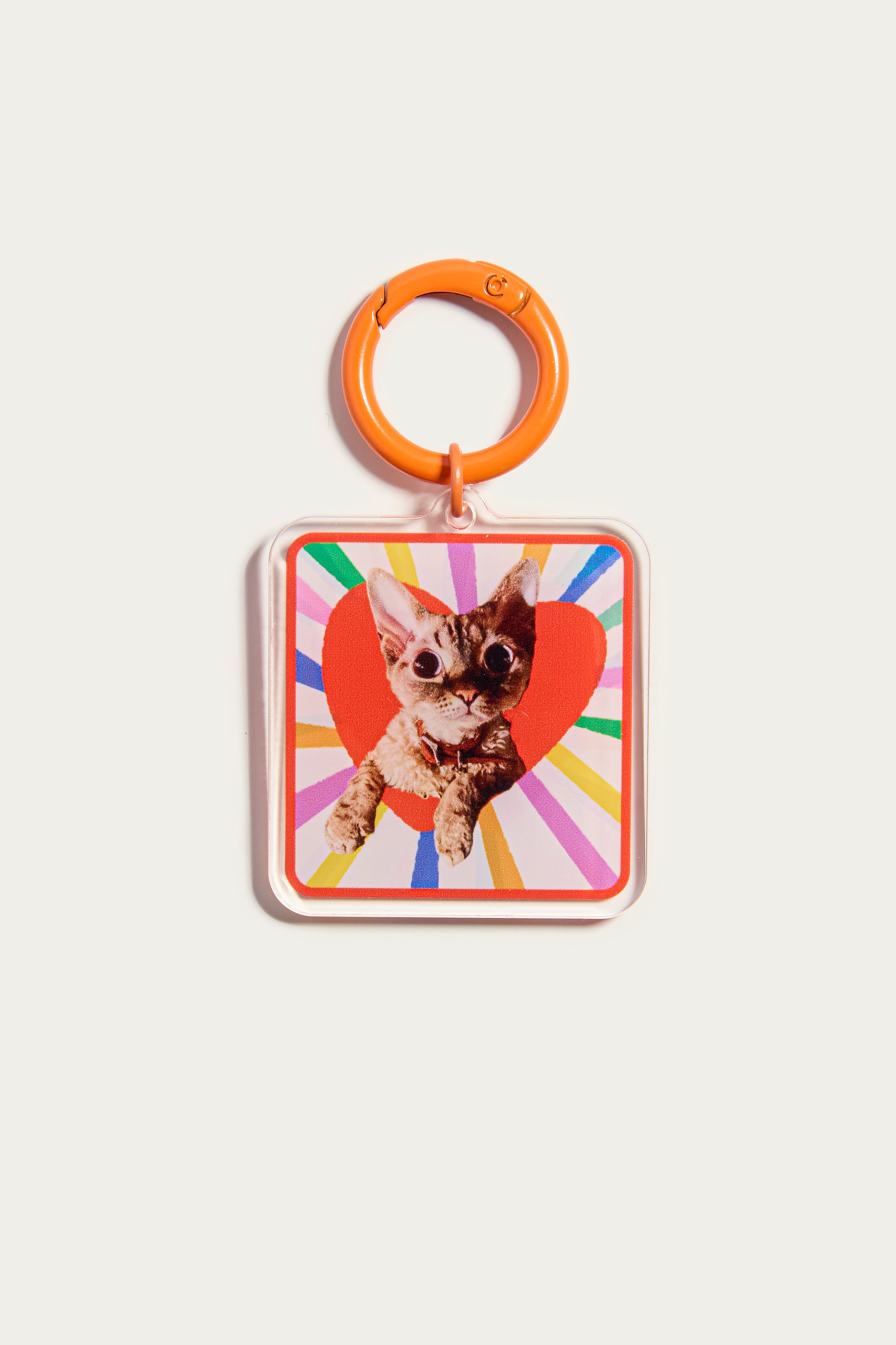 Keychain with a cat illustration on a colorful heart background